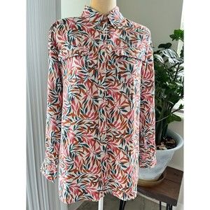 Lands End Womens S(6-8) 100% Linen Shirt Leafs Long Sleeve Collared Button Up